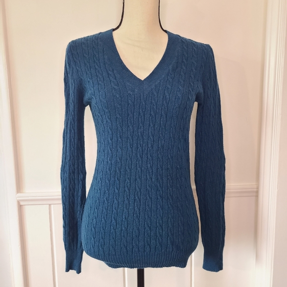 J.Crew Women's Sweater Teal Blue Cable Knit Size Small Wool Blend V-Neck - Picture 1 of 6